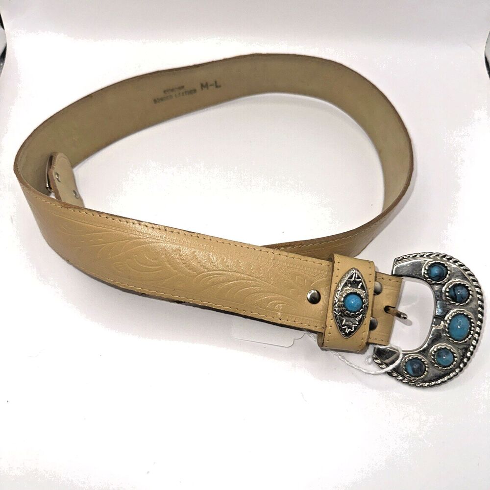 VTG Tan Lthr Western Belt with Turquoise style Buckle 36" / Cowgirl Country